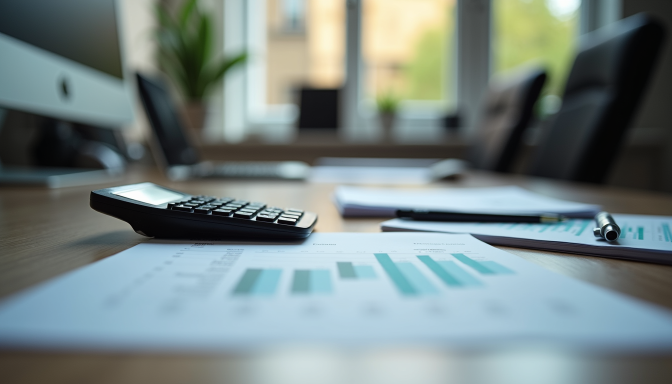 Eye-level view of a London office desk with accounting documents and calculator
