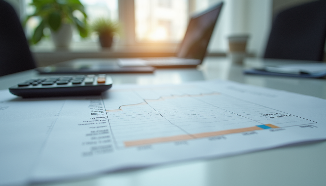 Eye-level view of a modern office desk with accounting documents and calculator