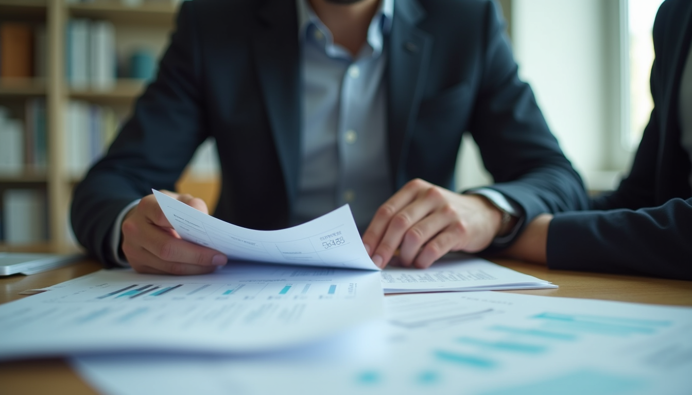 Close-up view of a financial advisor reviewing documents in a London office
