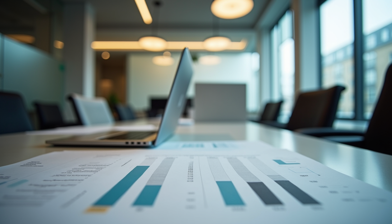Eye-level view of a modern London office with financial documents on a desk