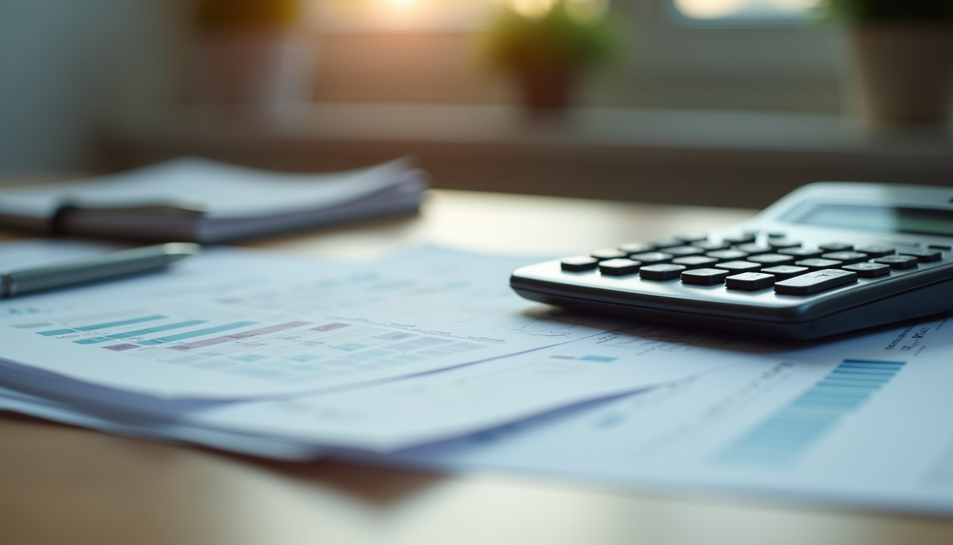 Close-up view of a calculator and financial reports on a wooden table