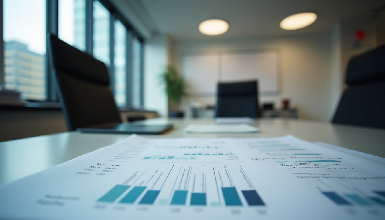 Eye-level view of a modern London office with financial documents on a desk