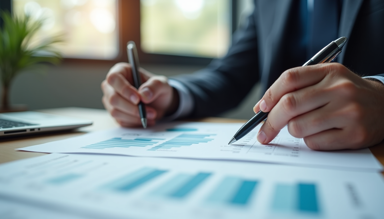 Close-up view of a professional accountant reviewing financial statements