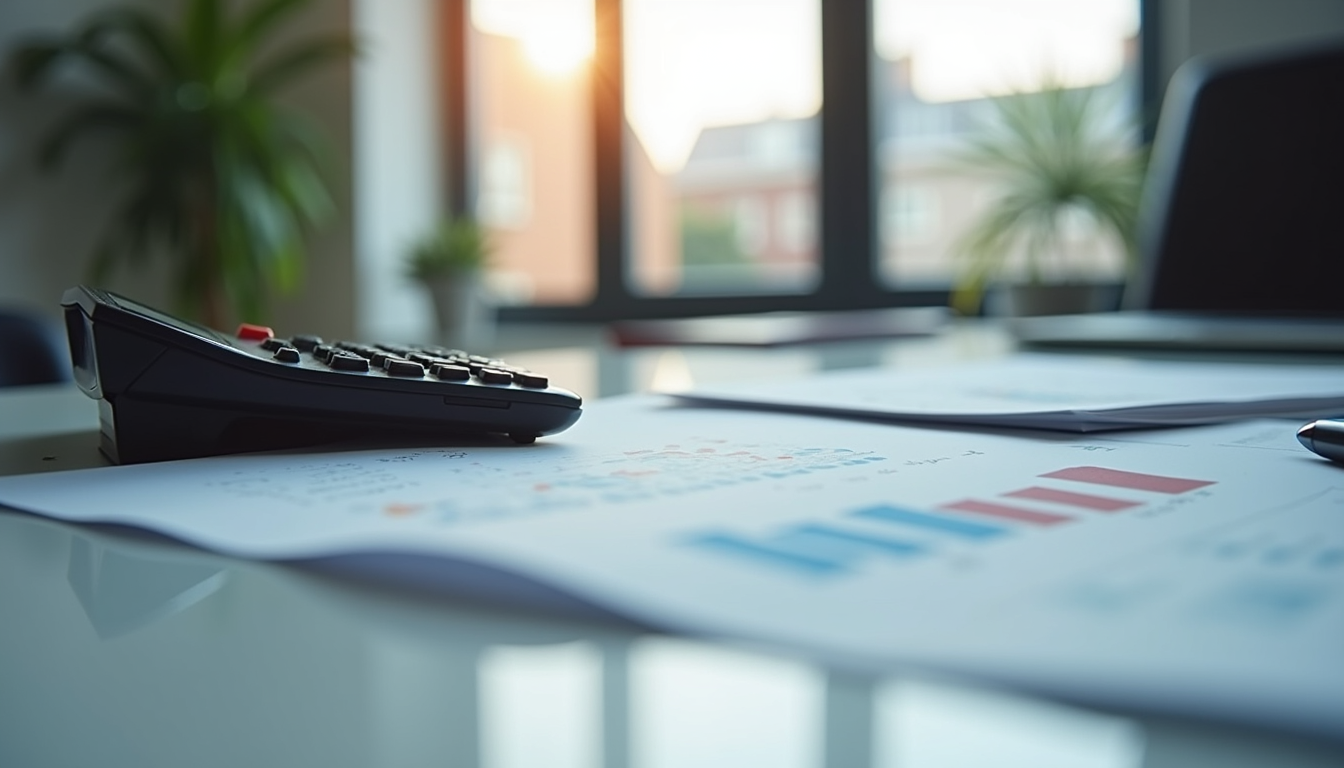 Eye-level view of a modern office desk with financial documents and calculator