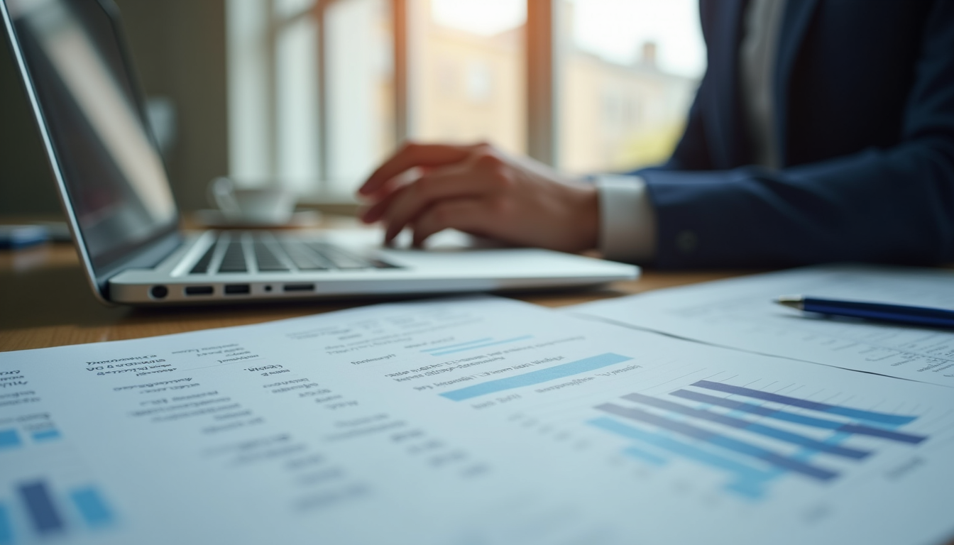 Close-up view of a London accountant’s workspace with financial reports and laptop