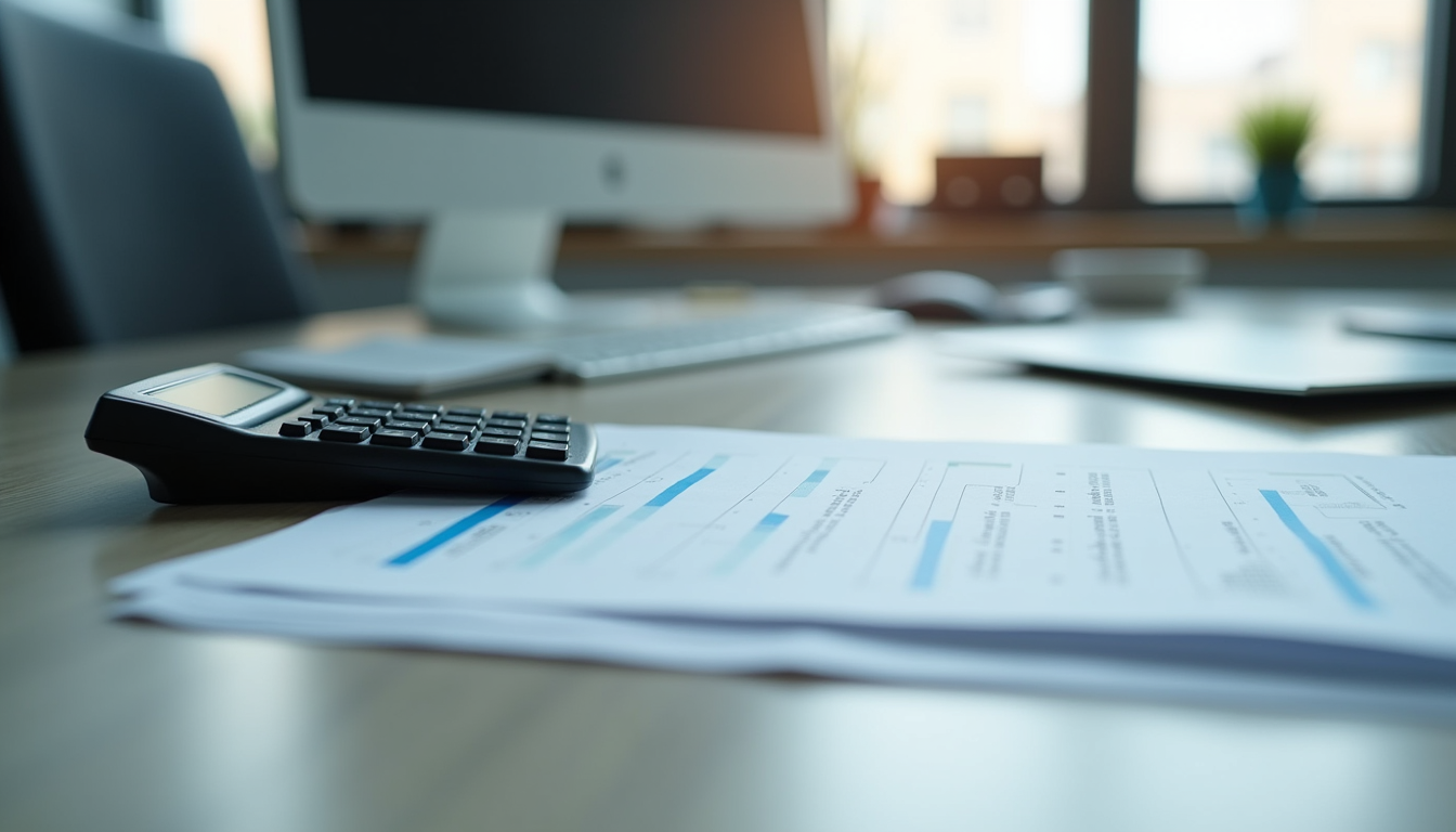 Eye-level view of a modern office desk with accounting documents and a calculator
