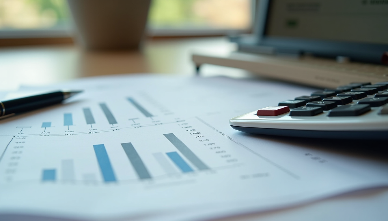 Close-up view of a calculator and financial documents on a desk