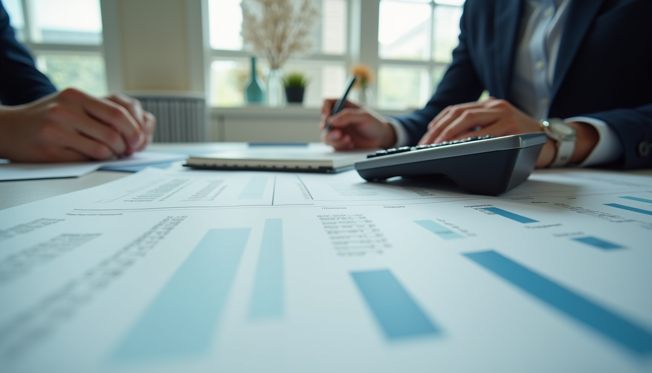 Eye-level view of a neat desk with financial documents and calculator