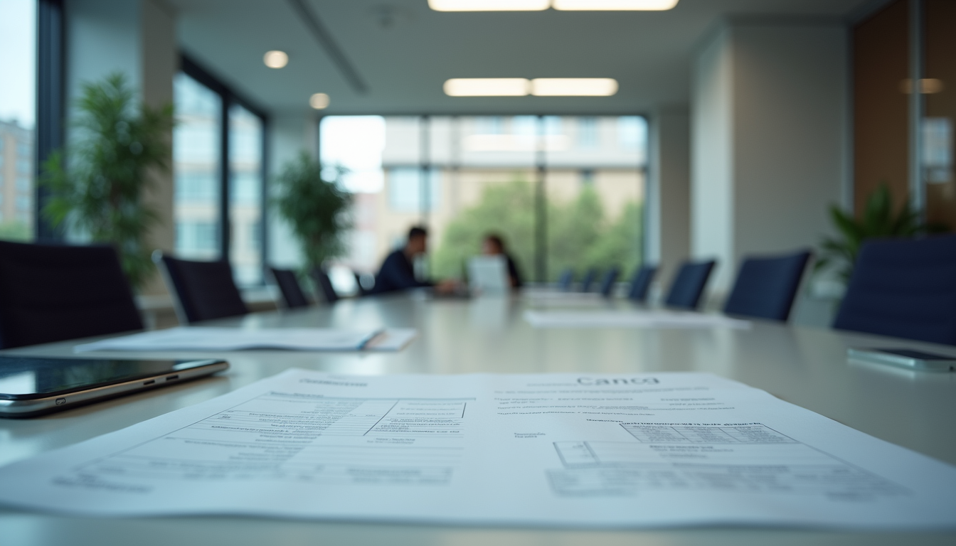 Eye-level view of a modern London office with accounting documents on a desk