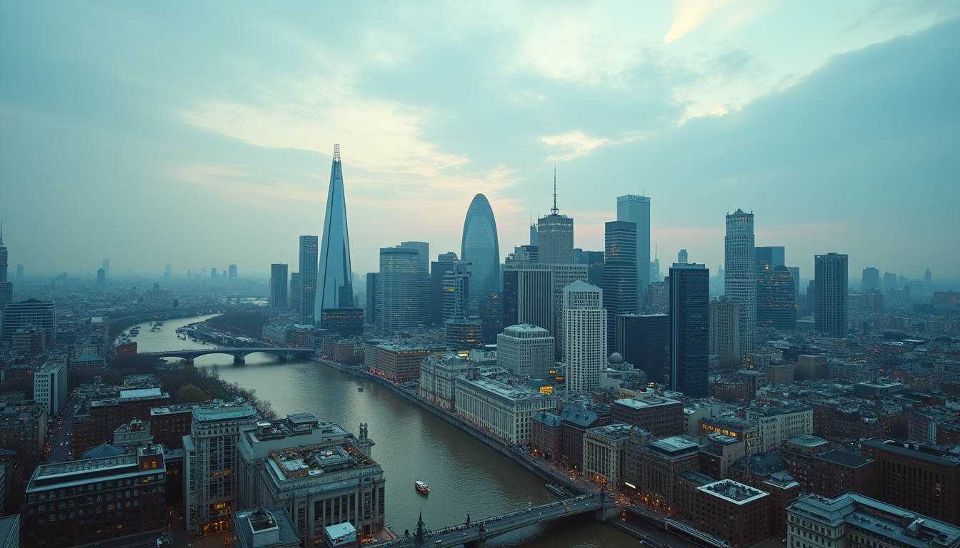 High angle view of a London cityscape with office buildings and financial district