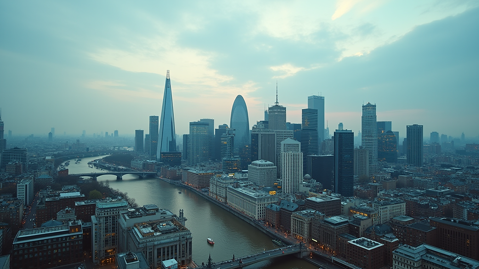 High angle view of a London cityscape with office buildings and financial district