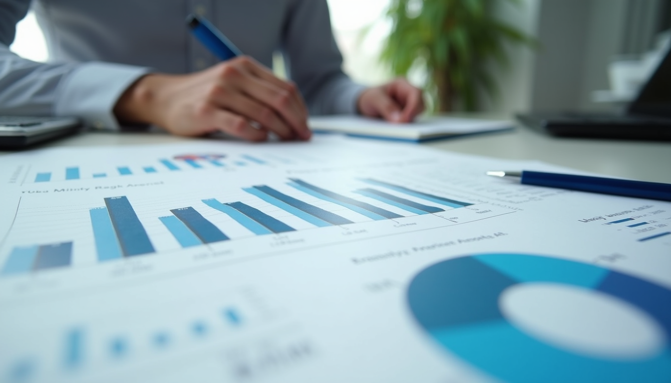 Close-up view of a financial report with charts and graphs on a desk