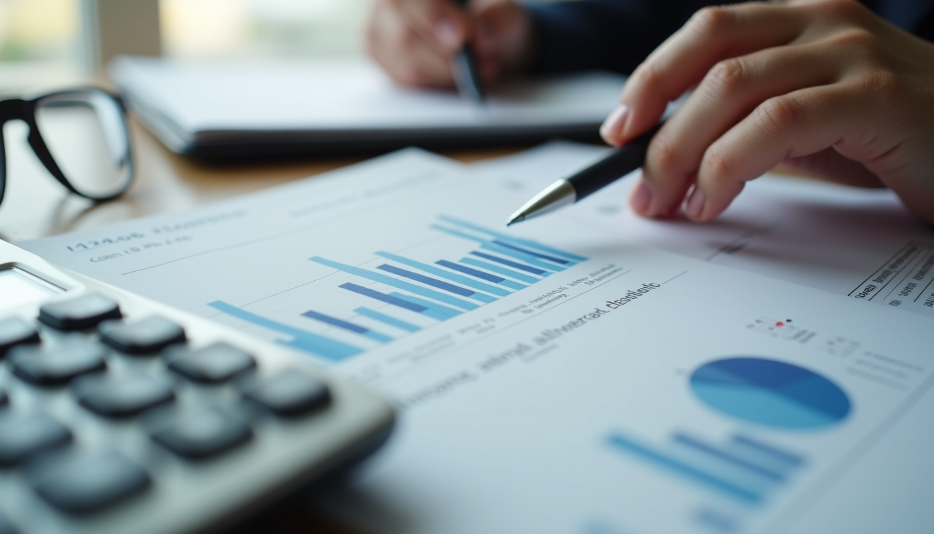 Close-up view of a calculator and financial documents on a desk