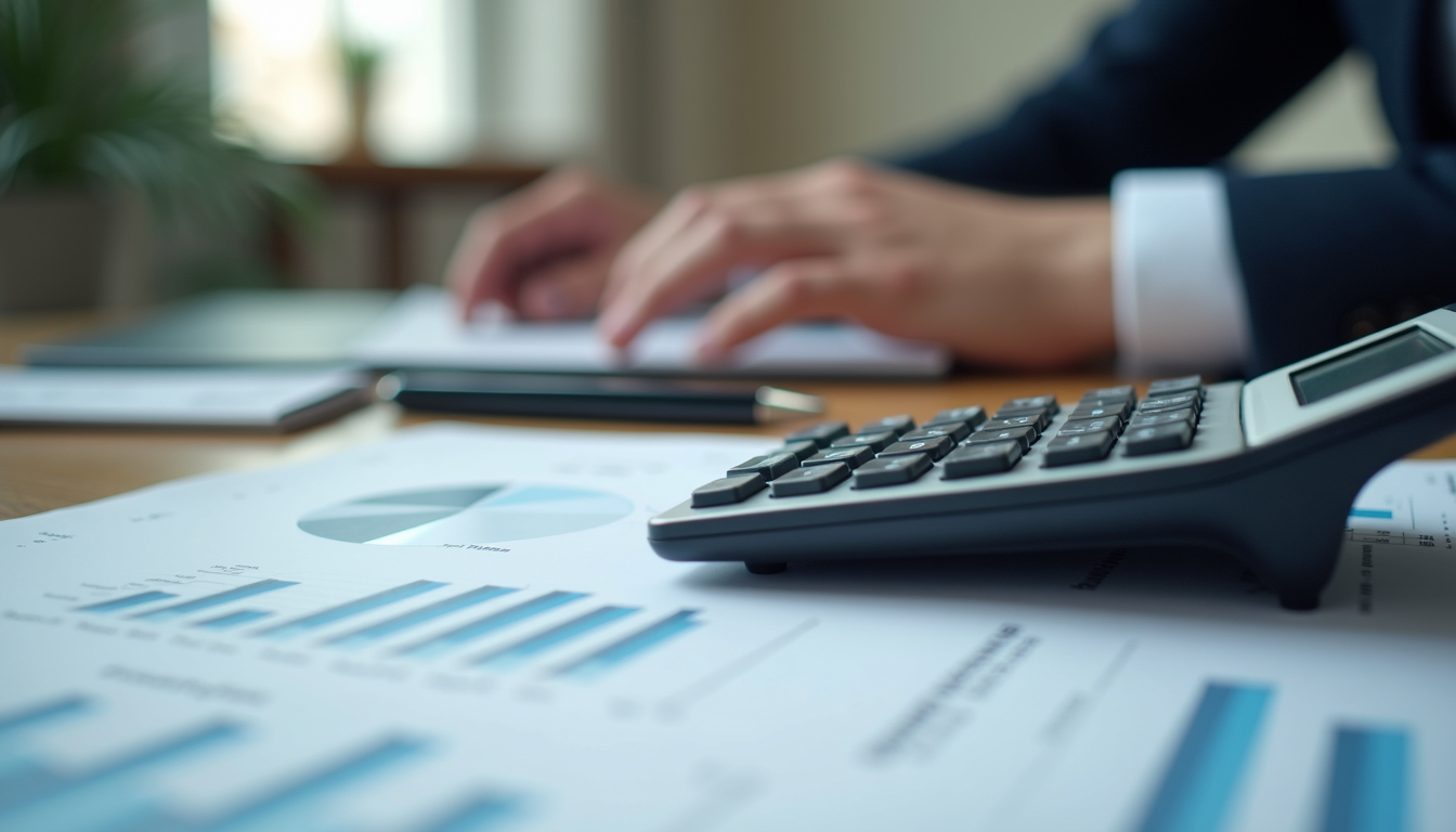Close-up view of a calculator and financial reports on a desk in a London office