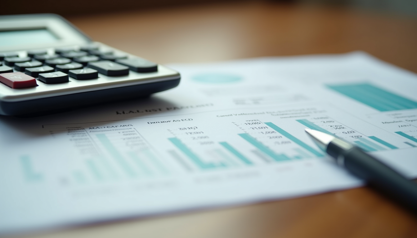 Close-up view of a calculator and financial statements on a wooden table