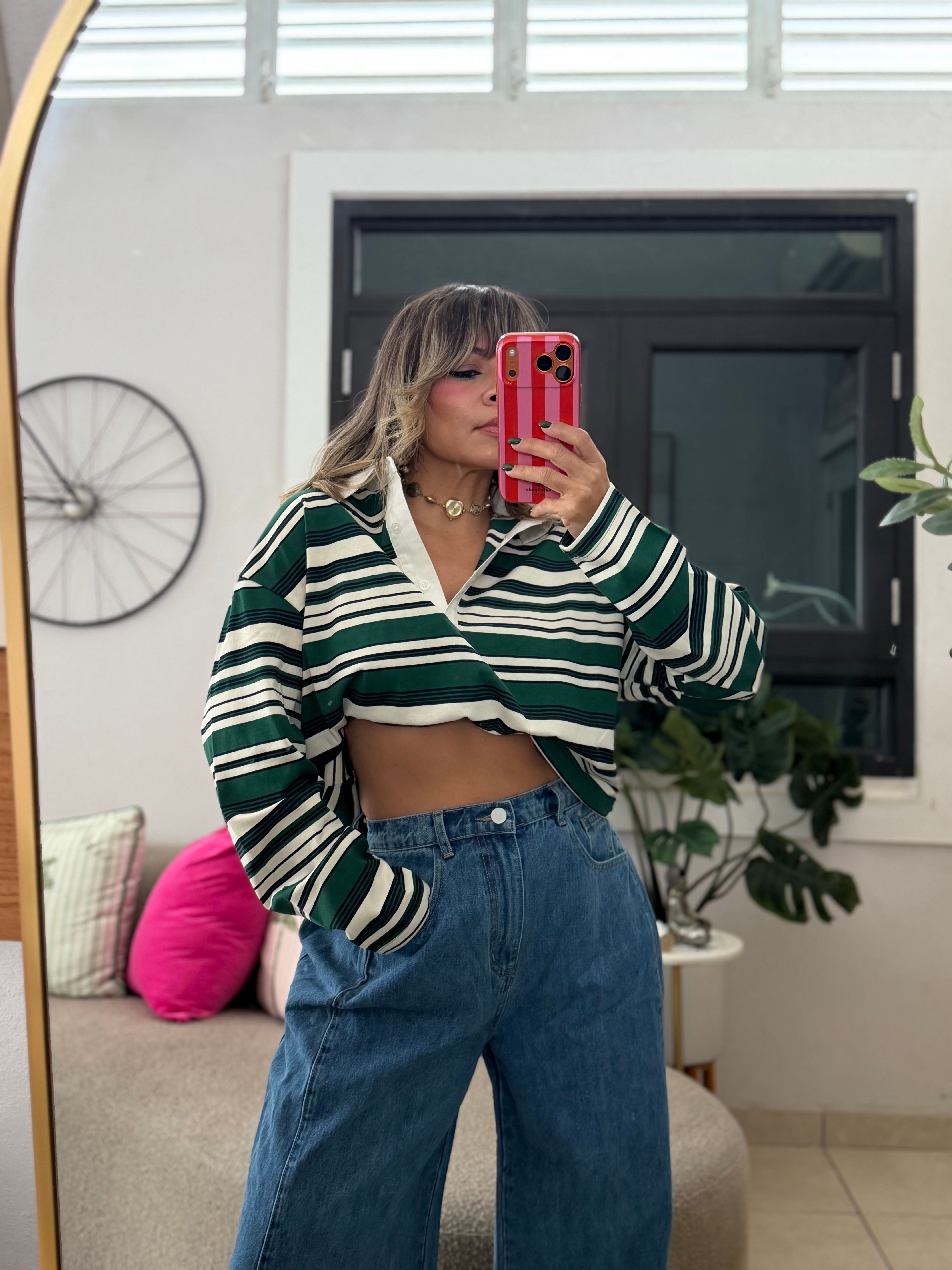 Hunter Green Striped Crop Shirt