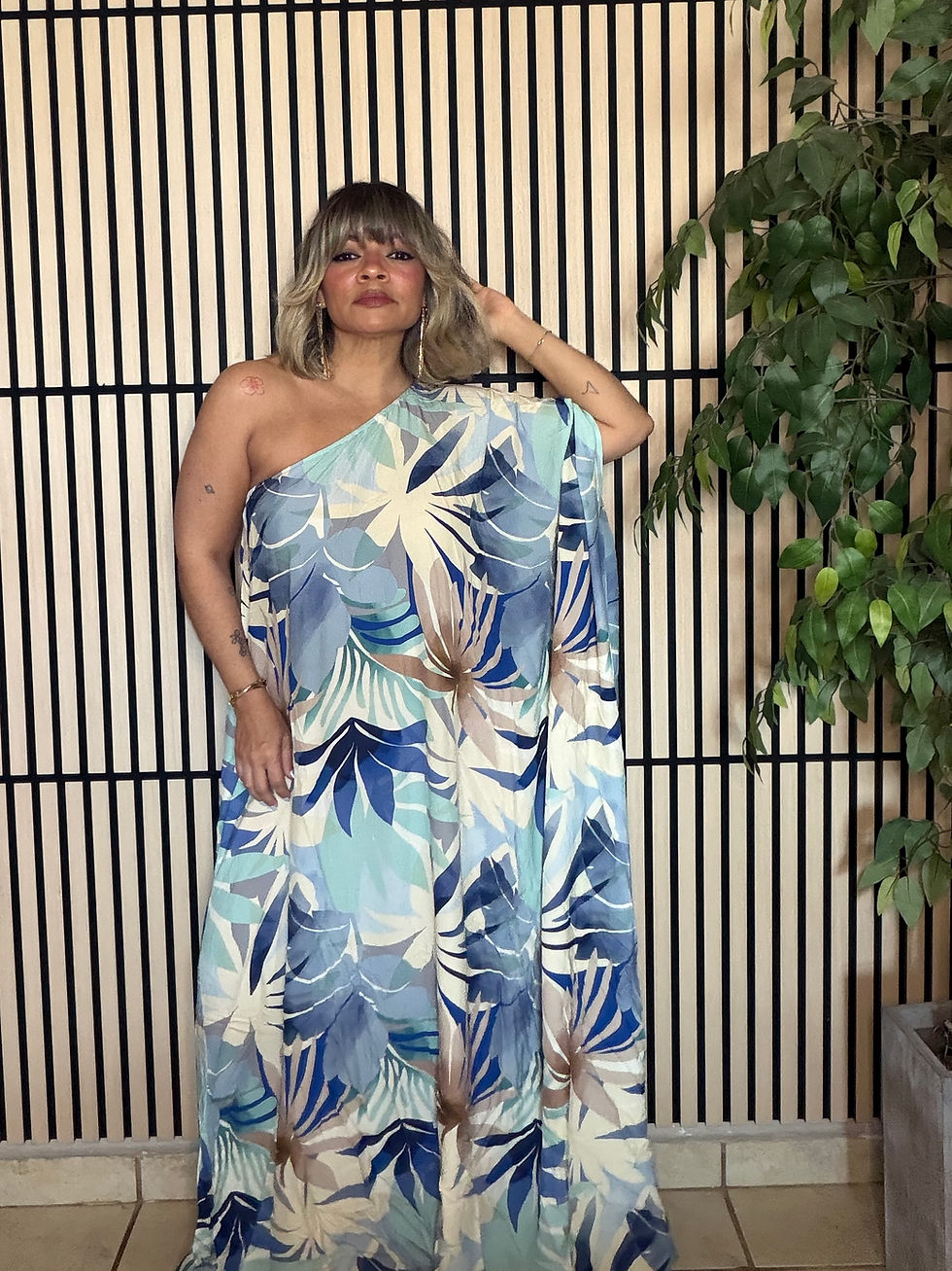 Thumbnail: One Shoulder Blue Beige Maxi Dress