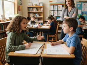 Two students practice a respectful classroom debate with notebooks