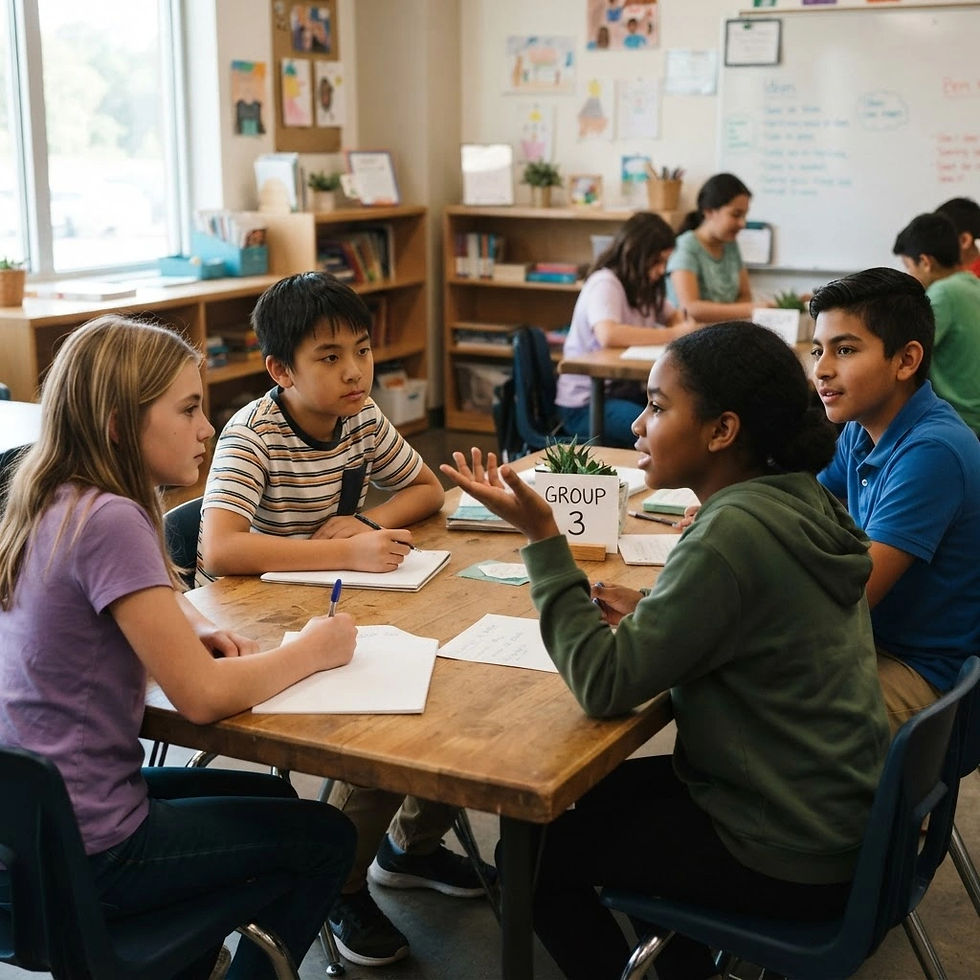 Students taking turns speaking and listening in a collaborative group discussion