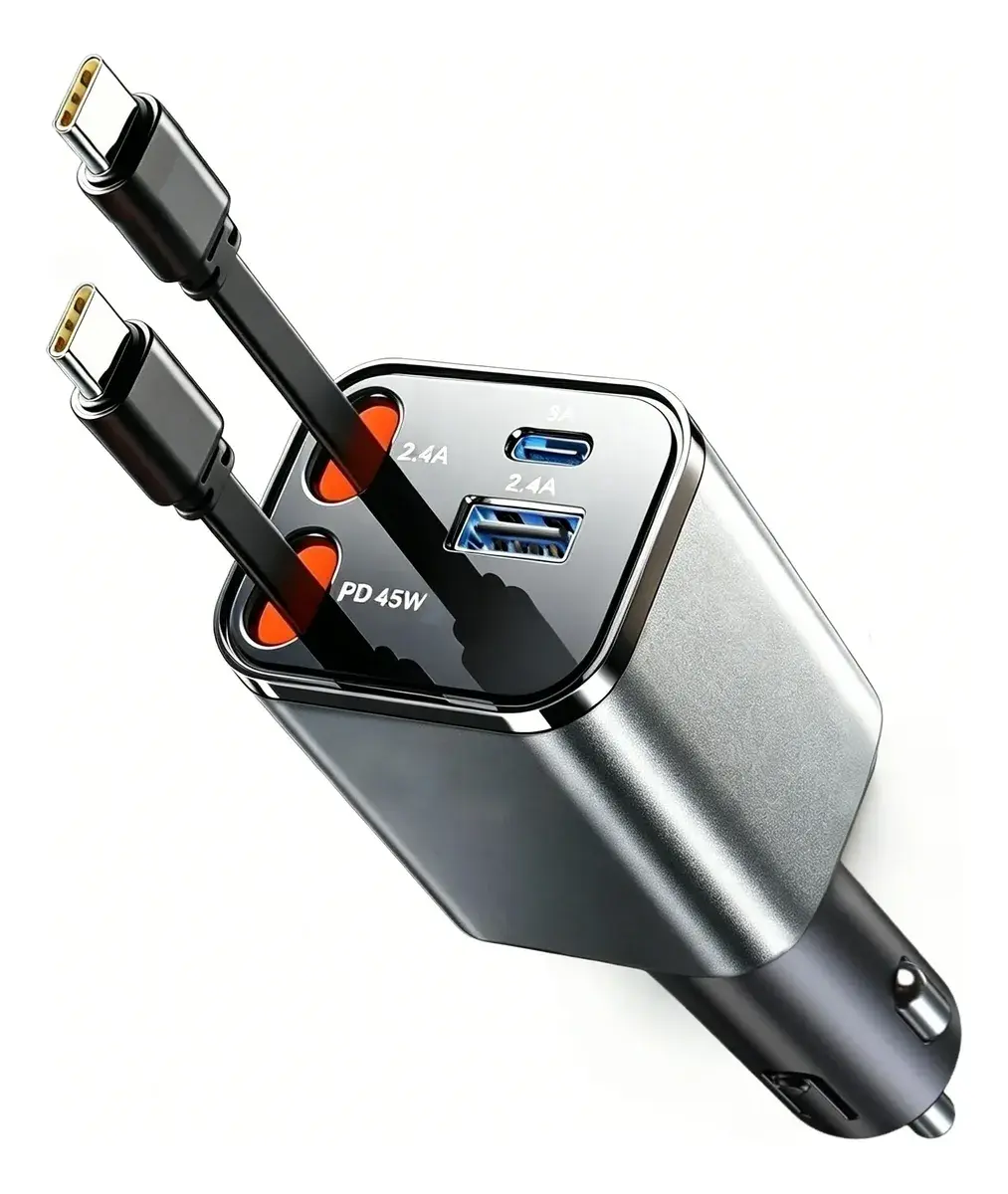 Carregador Turbo De Carro Retratil 4 Em 1 Com 2 Cabos Type-c