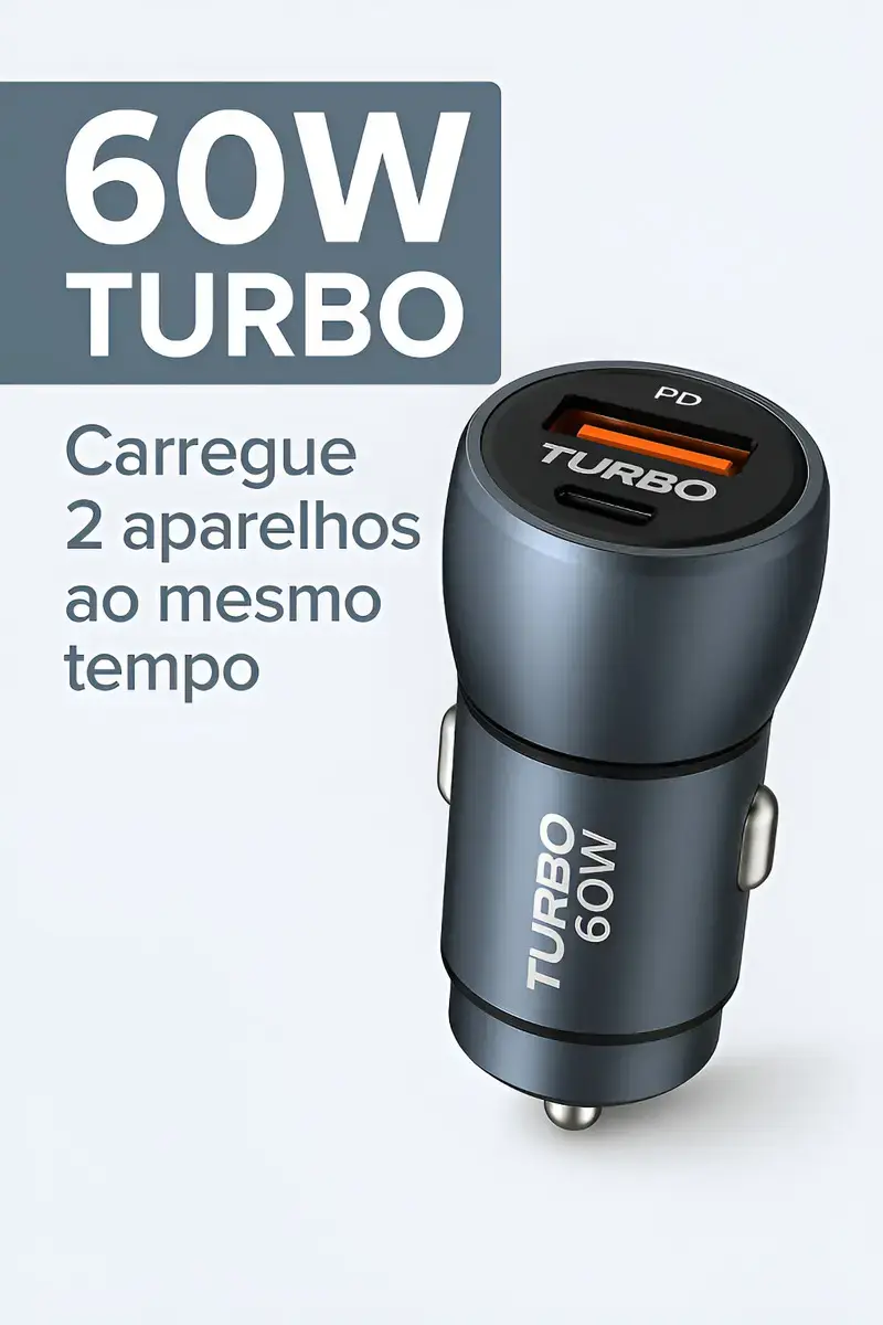 Miniatura: Carregador Veicular USB-C PD 60W Dupla Porta USB-A + USB-C com Cabo