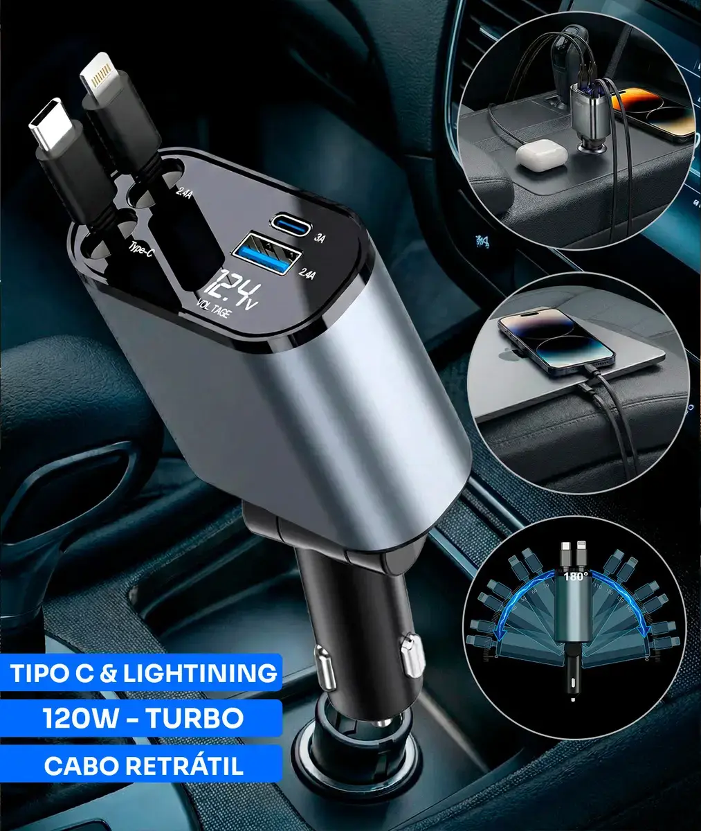 Carregador Veicular Automotivo 12v Com Cabo Retrátil Para Carros
