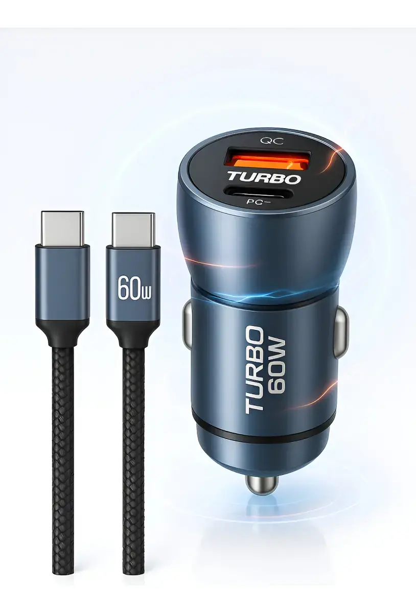 Carregador Veicular USB-C PD 60W Dupla Porta USB-A + USB-C com Cabo