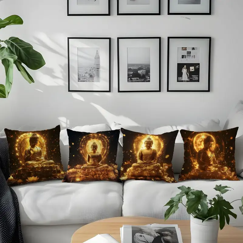 Miniatura: Almofada Decorativas Contemporâneas com Estampa de Buda Dourado e Lótus