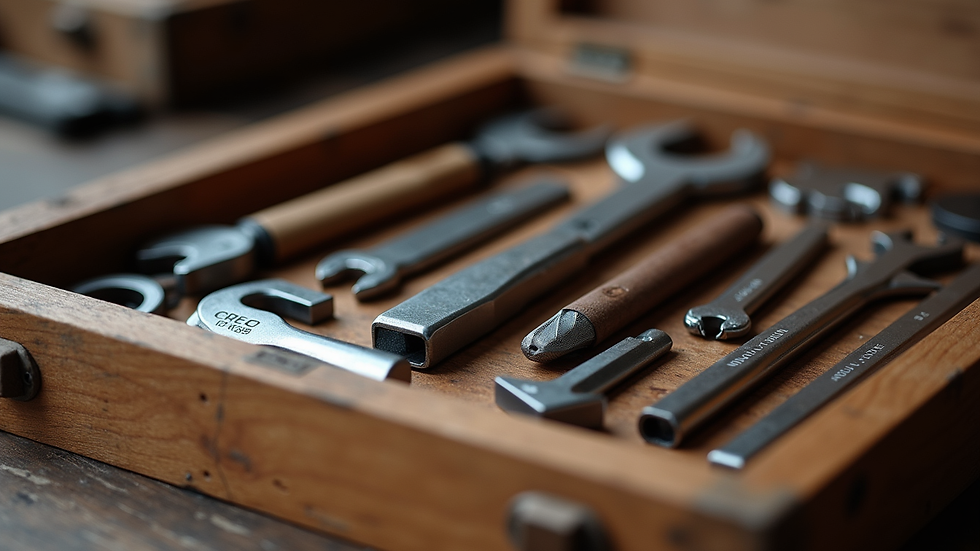 Eye-level view of personalised tool set in a wooden box