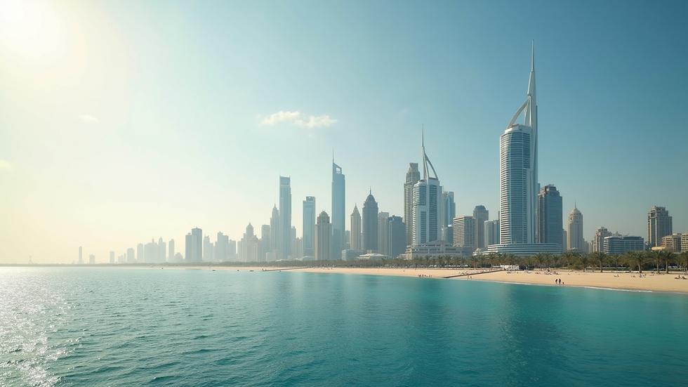 Wide angle view of a modern Dubai skyline with iconic buildings