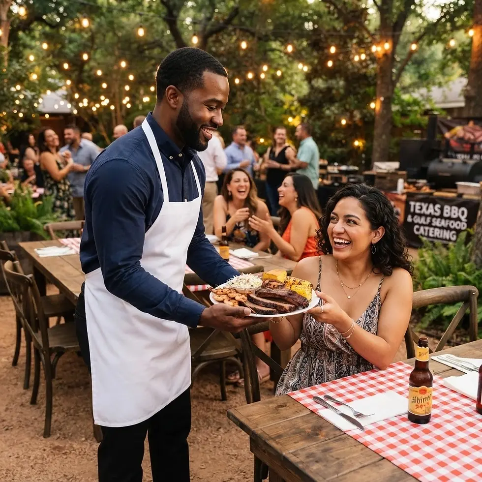 Event photography of a waiter serving a generous plate of barbecue to a smiling guest at an outdoor evening gathering. String lights create a festive atmosphere.