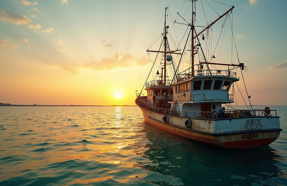 Fishing vessel on calm coastal water at sunset.