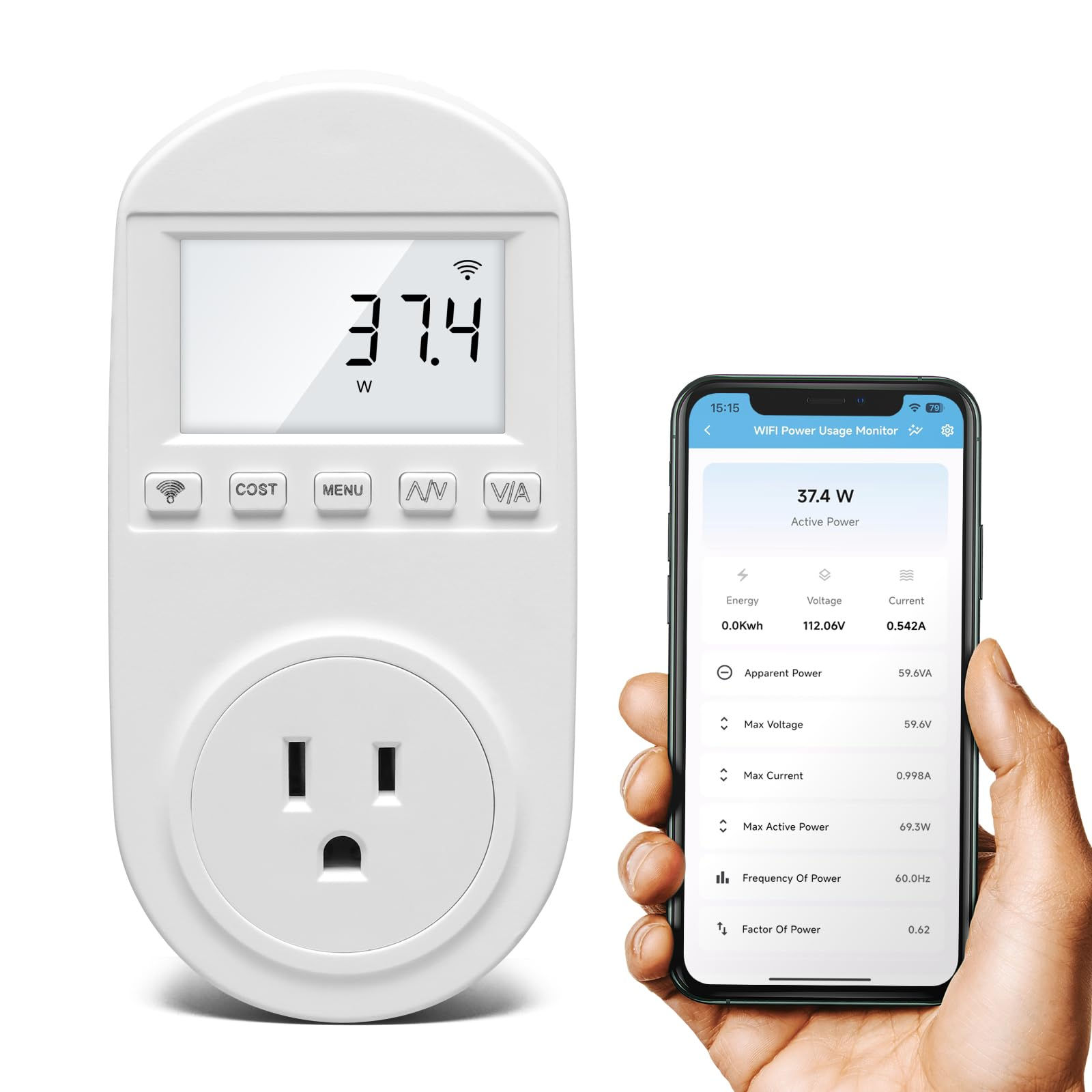 Zuomeng WiFi Electricity Usage Monitor Plug-in Power Meter with Audible Alarm Re