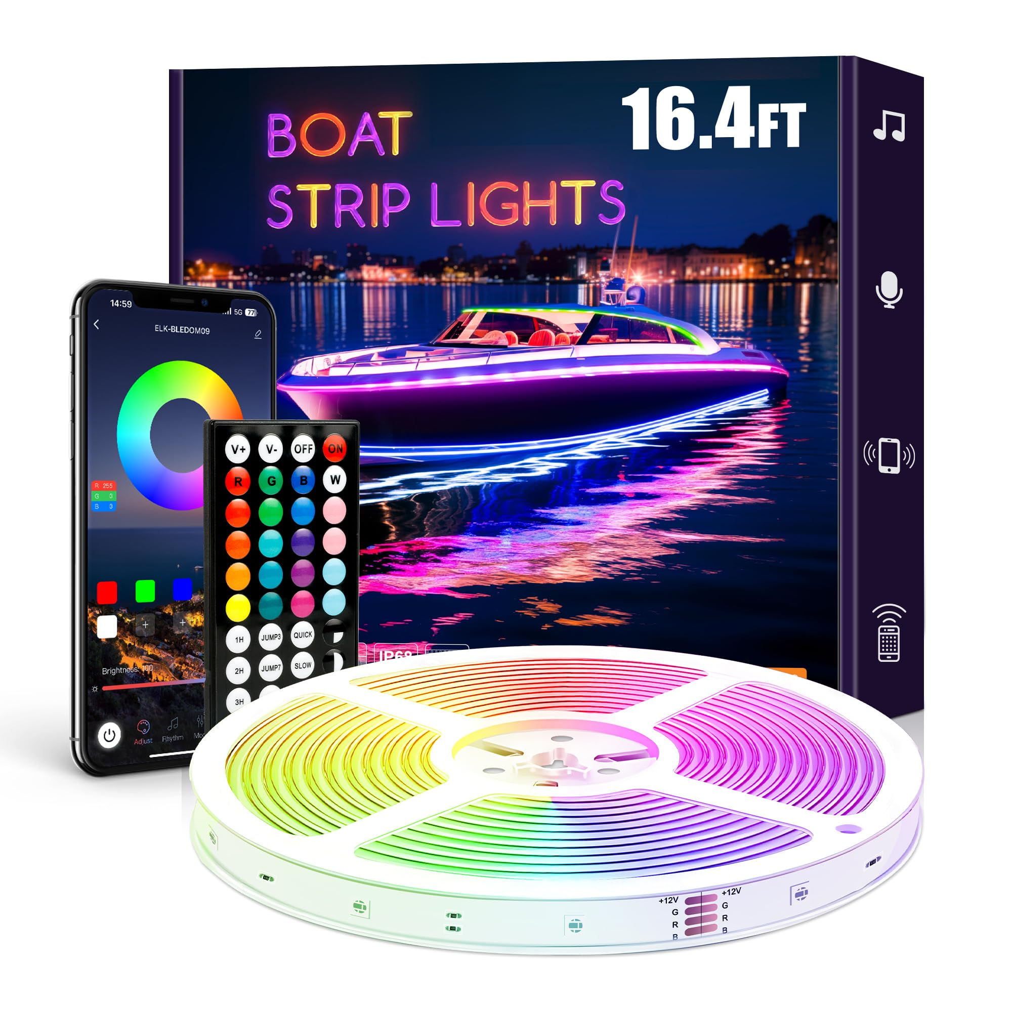 Flupuro Smart LED Boat Strip Lights 16.4ft RGB Marine LED Lights IP68 Waterproof