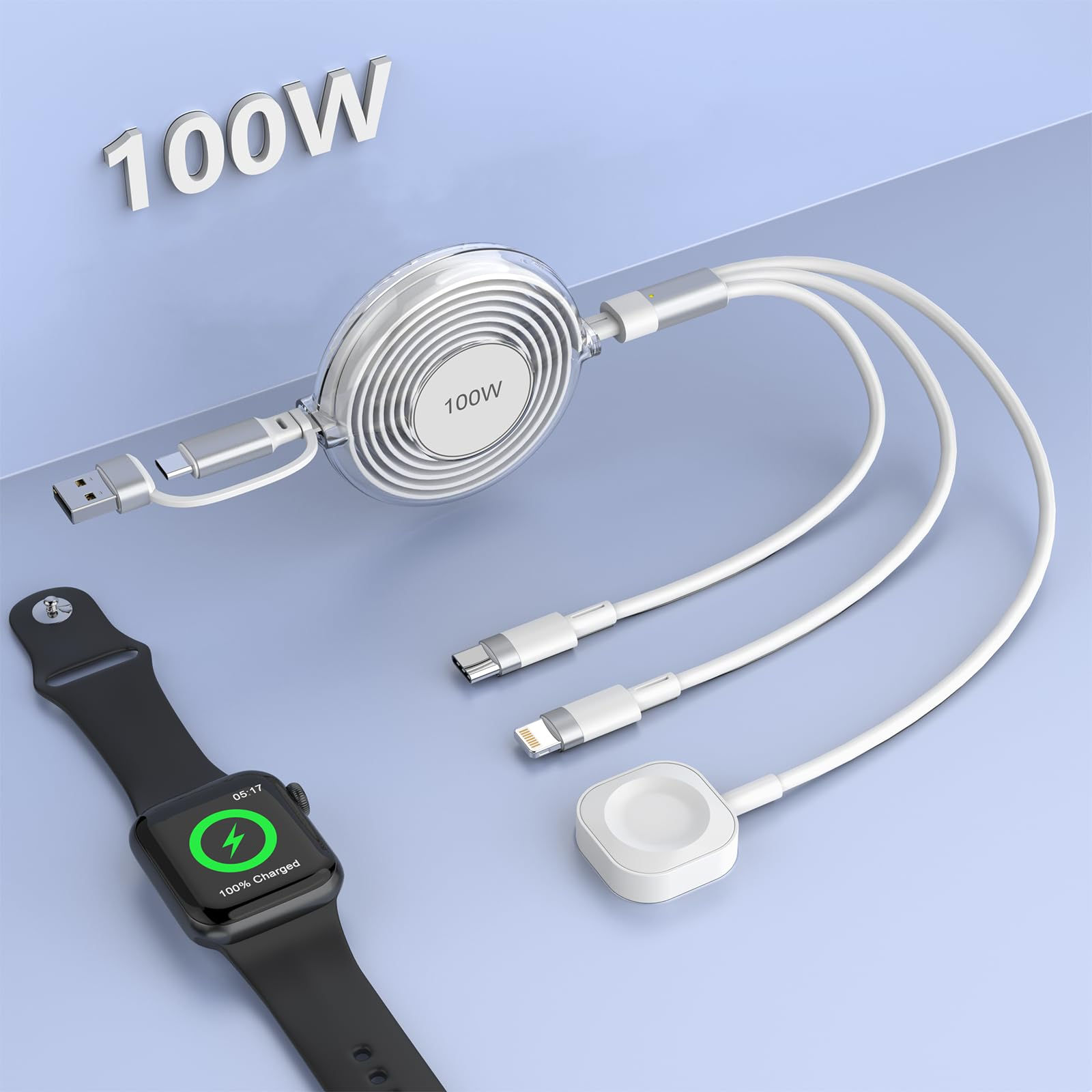 100W Multi Charging Cable for Apple Watch Charger iPhone 15 Retractable Charging