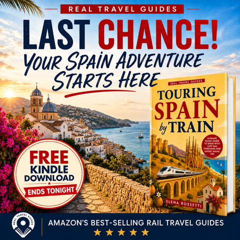Copy of Touring Spain by Train Guidebook in front of Spanish Coastal Landscape