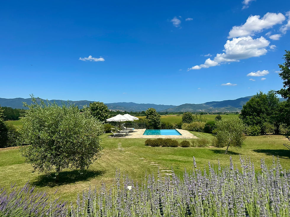 Casa Fiordalisi, Tuscany, with Castello di Montecchio visible from the gardens