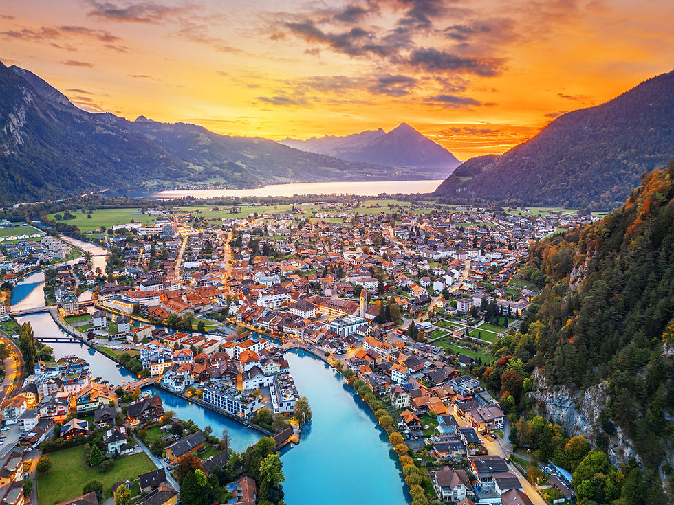 Interlaken, Switzerland, overlooking the Aare River at dusk 