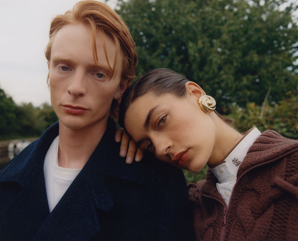 Mason Marchetti and Isa Nilwik photographed by Blair Gauld. Styled by Hetty Burton. Fashion by Brunello Cucinelli, Dévé, Guess, Mont Blanc, Róisín Pierce and Tommy Hilfiger.