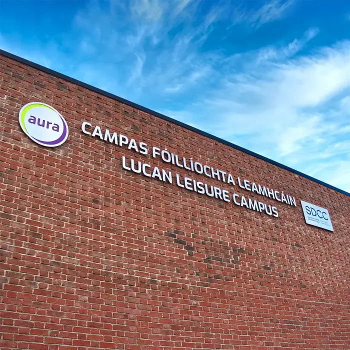 Exterior Signage for Aura Leisure in Lucan and SDCC made from Brushed Stainless Steel by Brandmark Signs Ltd.