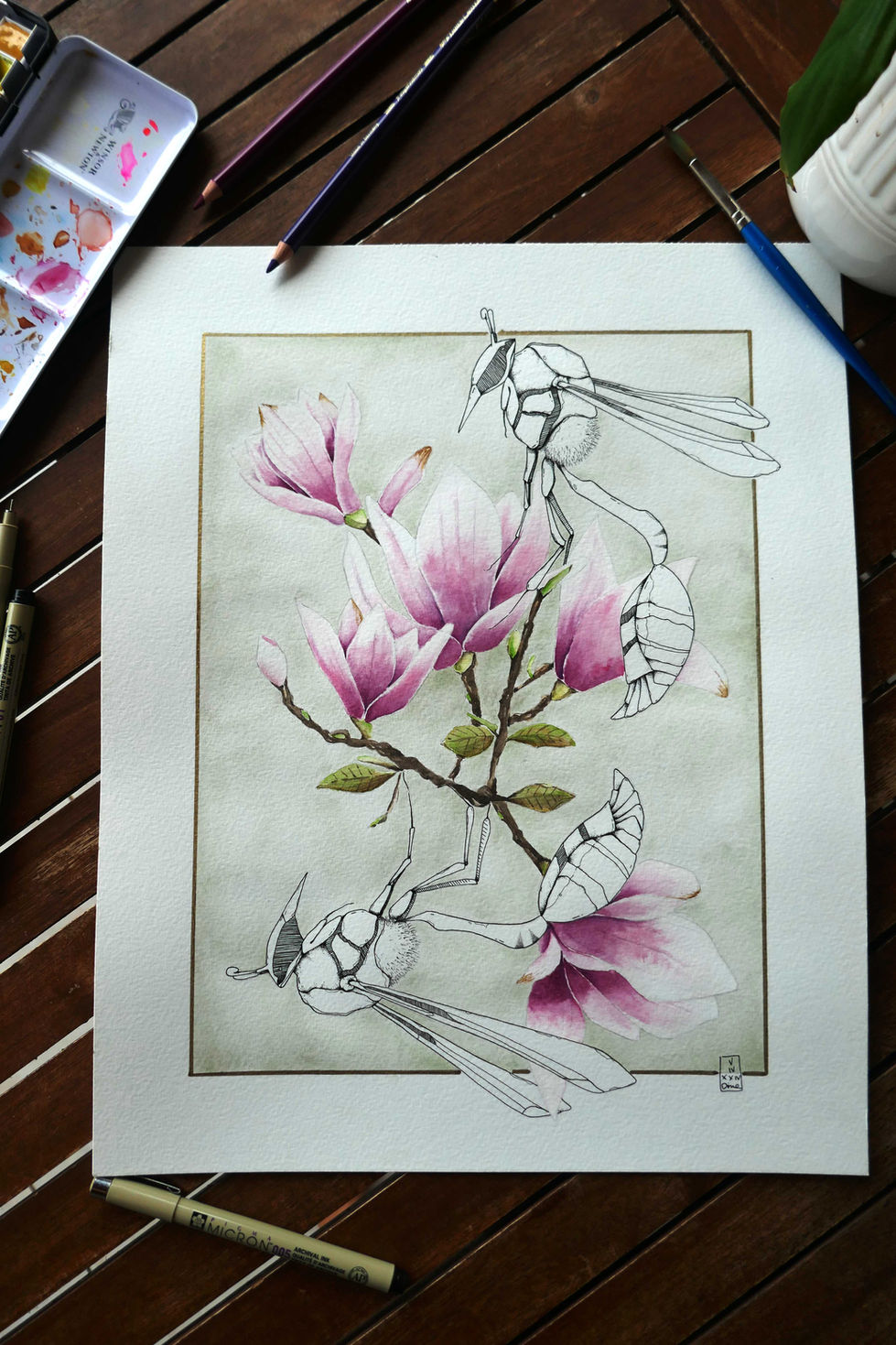 aquarelle de magnolia et insectes