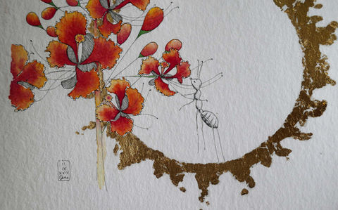 aquarelle de fleur d'orgueil de chine et fourmis