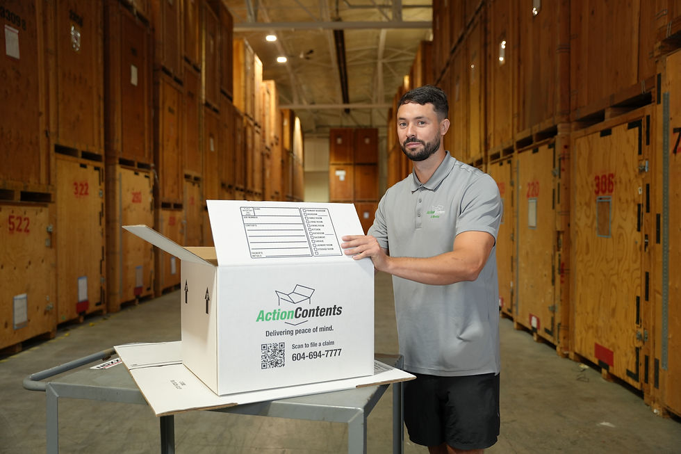 Action Contents team member with a labelled contents box in a storage warehouse lined with storage vaults