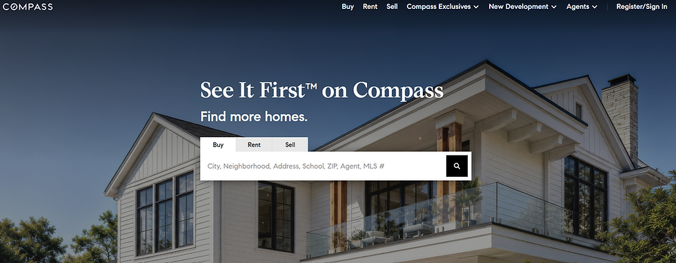 Compass real estate website with large editorial home photos and saved collections for sharing