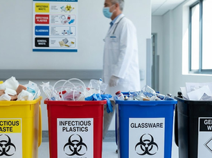 Photo of properly sorted biomedical waste color-coded bins in a hospital, showing yellow for infectious waste, red for contaminated plastics, blue for glassware, and black for general waste.