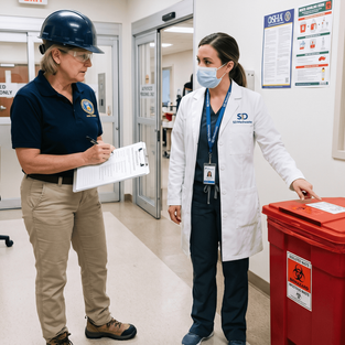 A female OSHA compliance officer with a hard hat and clipboard conducting a workplace inspection alongside a healthcare manager pointing to a red regulated medical waste container in a clean hospital corridor.