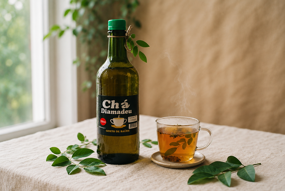 Garrafa de Chá Diamadeu e xícara de chá natural para bem-estar.