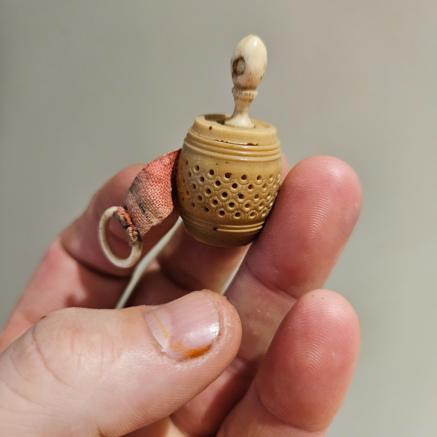 Antique Carved Nute and Bone Measuring Tape 