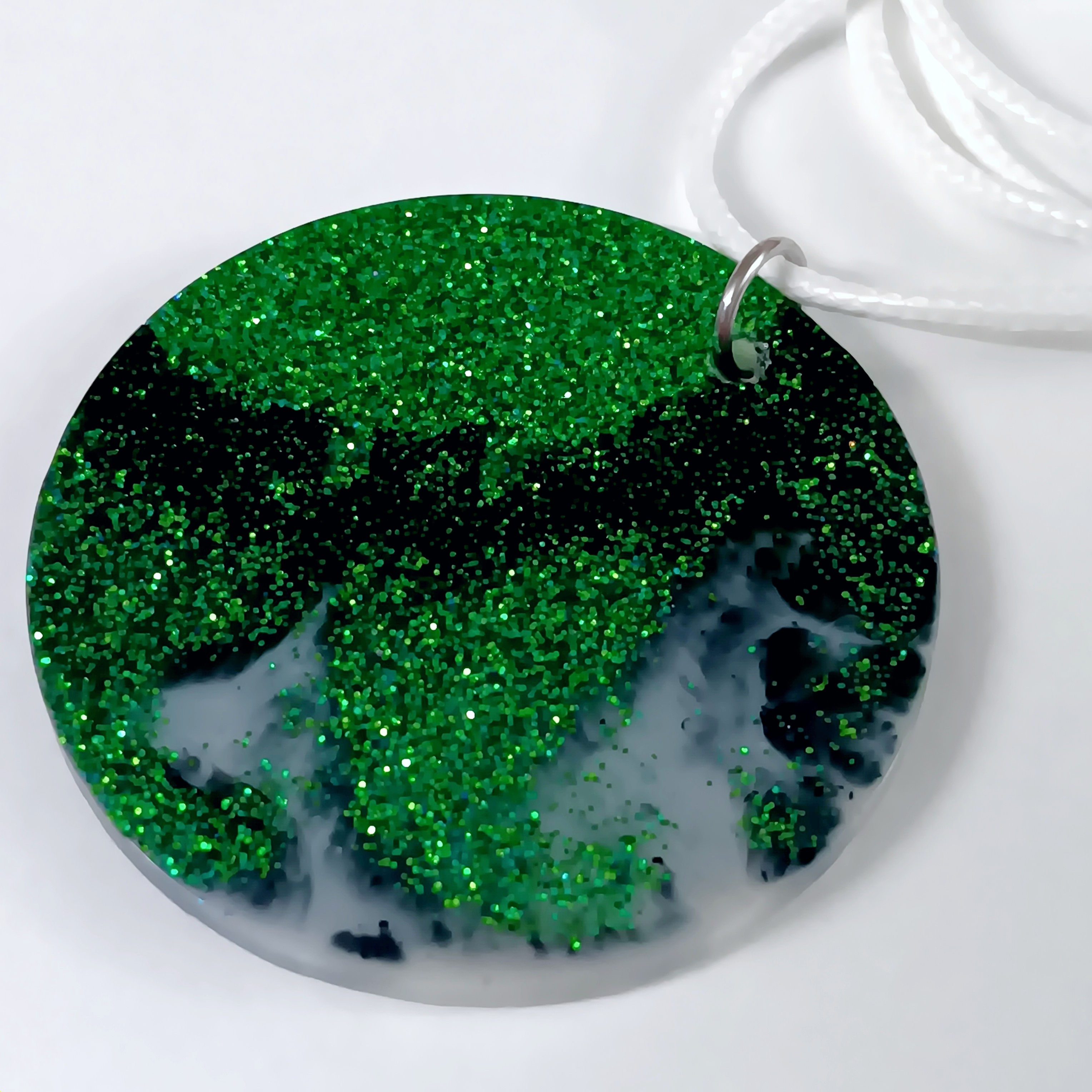 Black White Green Sparkle Resin Necklace
