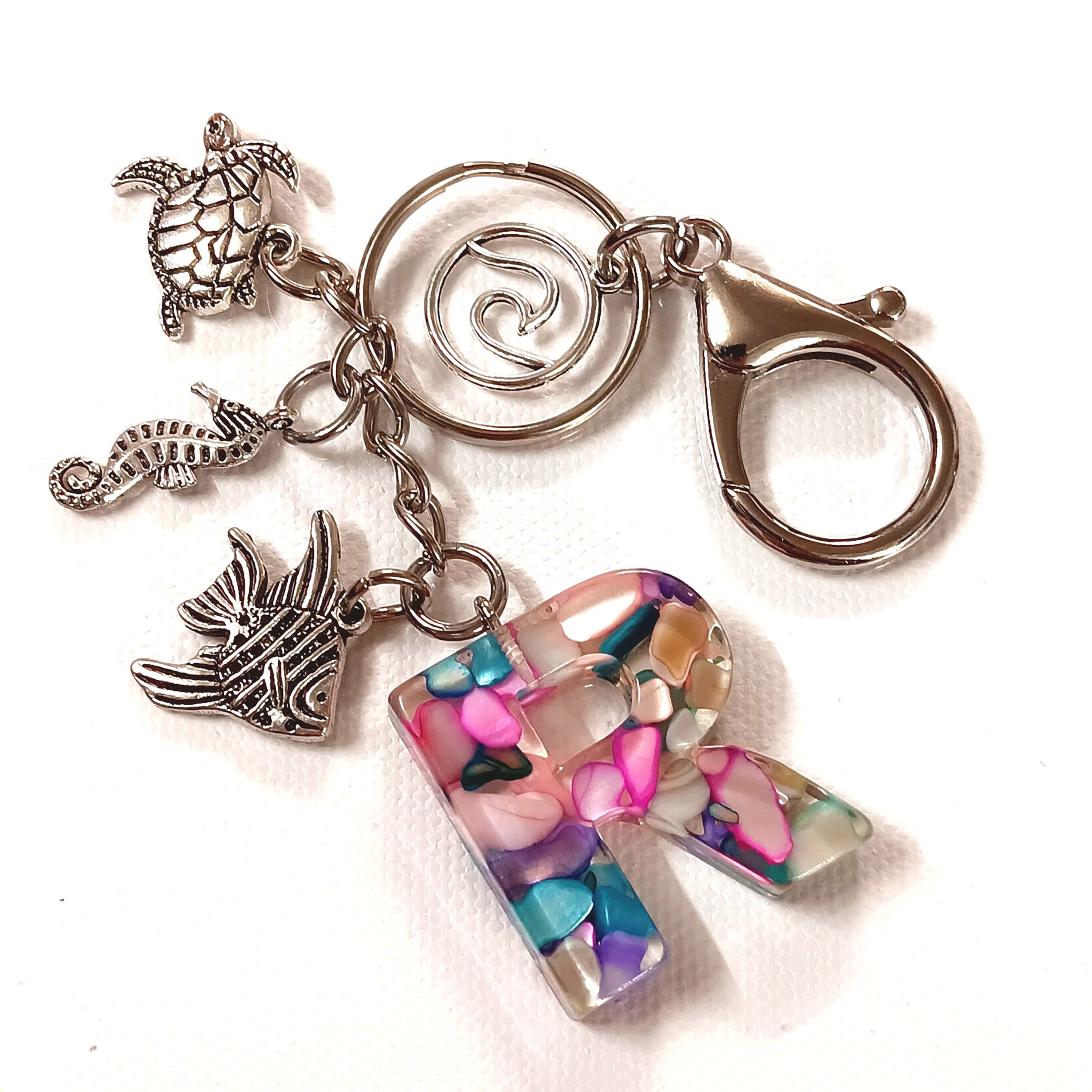 Mixed Stone Resin Letter "R" Sealife Keychain